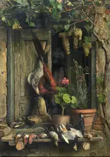 Aurelio Zingoni, Still life with birds, a hare, carnations and geraniums in a pot under a vine