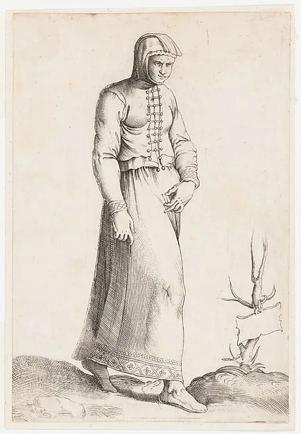 Enea Vico, Costume Plate: Woman with Hooded Garment