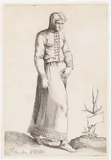 Enea Vico, Costume Plate: Woman with Hooded Garment