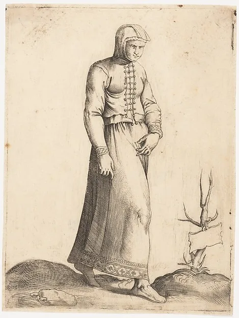 Enea Vico, Costume Plate: Woman with Hooded Garment