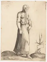Enea Vico, Costume Plate: Woman with Hooded Garment