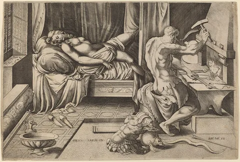 Enea Vico, Venus Reclining with Vulcan at His Forge