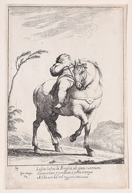 Giuseppe Maria Crespi, Plate 18: Cacasenno on horseback, from "Bertoldo, Bertoldino, and Cacasenno"