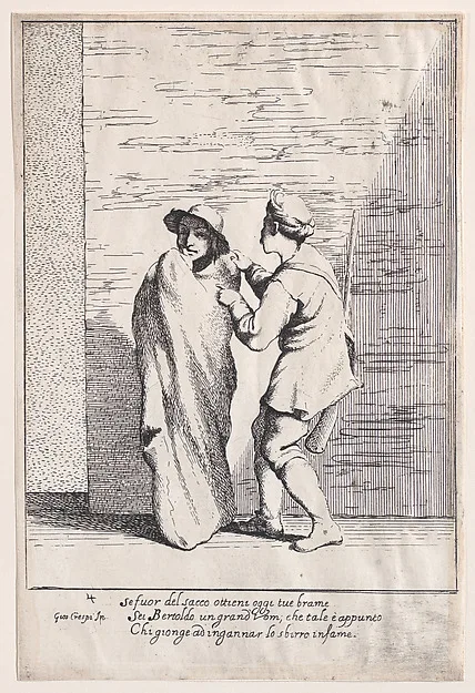 Giuseppe Maria Crespi, Plate 4: Bertoldo stuffed in a sack, from "Bertoldo, Bertoldino, and Cacasenno"