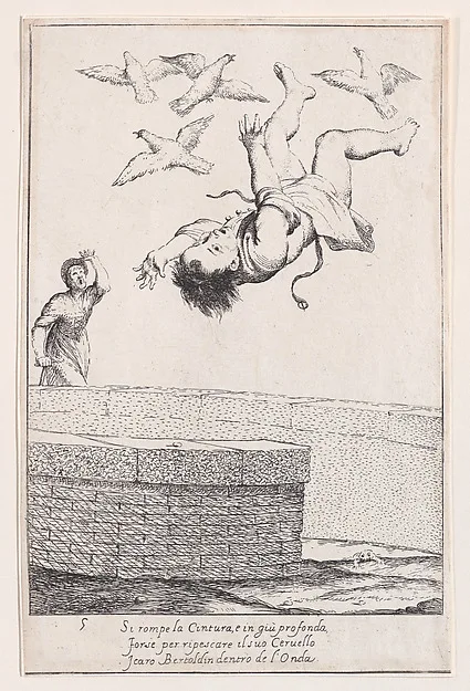 Giuseppe Maria Crespi, Plate 11: Bertoldino falling into the fish pond, from "Bertoldo, Bertoldino, and Cacasenno"