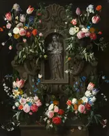 Thomas Willeboirts Bosschaert, Garland of Flowers surrounding a Sculpture of the Virgin Mary