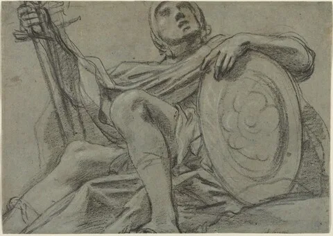 Giacomo Cavedone, Seated Warrior Holding a Sword and Shield [recto]