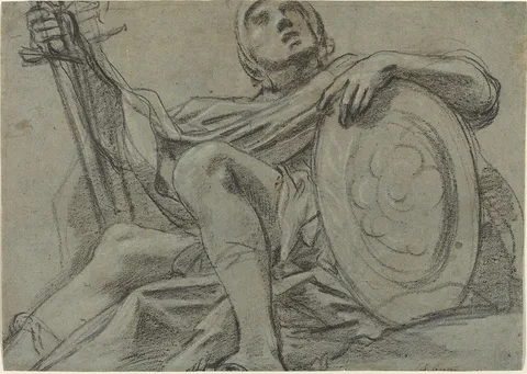 Giacomo Cavedone, Seated Warrior Holding a Sword and Shield [recto]