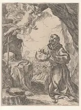 Domenico Maria Canuti, Saint Francis of Assisi, kneeling before a crucifix with two angels at upper left