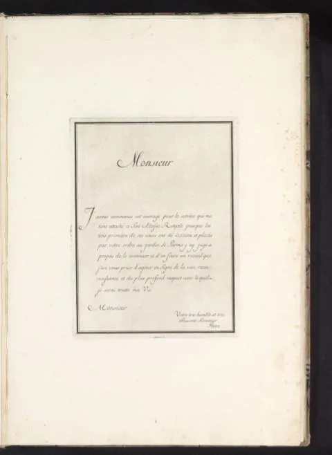 Benigno Bossi, Dedicatieblad voor Suite des Vases met benoeming van de opdrachtgever en vervaardiger