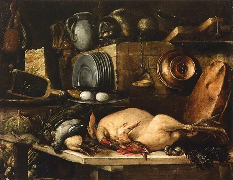 Bartolomeo Arbotori, Kitchen with plucked turkey, dishes and cat