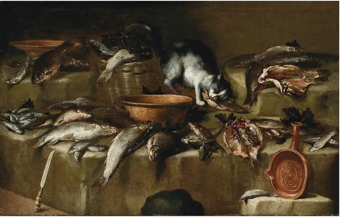 Bartolomeo Arbotori, Still life with dead fish and a cat