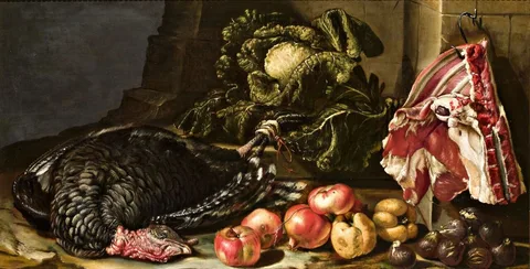 Bartolomeo Arbotori, Still life with fruit, vegetables and turkey