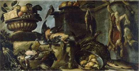 Bartolomeo Arbotori, Still life with game, fish, mushrooms, fruits and bowl with wedge of cheese