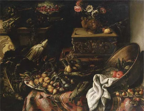 Bartolomeo Arbotori, Still life with metal bowl and vase of flowers, artichokes, celery, cabbage, pears and peaches