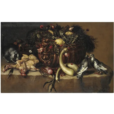 Bartolomeo Arbotori, Still Life with Vegetables, Lemons, Pigeons, Poultry and a Cat