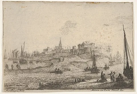 Matthieu van Plattenberg, View of a peninsula with figures and ships with bare masts, in the right foreground five figures congregate around two barrels, town buildings beyond