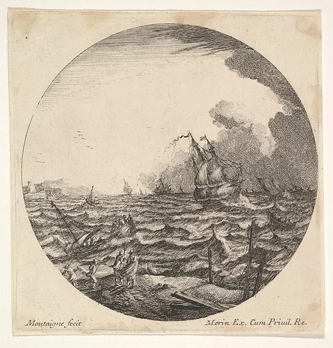 Matthieu van Plattenberg, Tempest in a roundel composition, at left waves toss a small ship occupied by seven figures, ships and dark clouds beyond