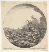 Matthieu van Plattenberg, Tempest in a roundel composition, at left waves toss a small ship occupied by seven figures, ships and dark clouds beyond