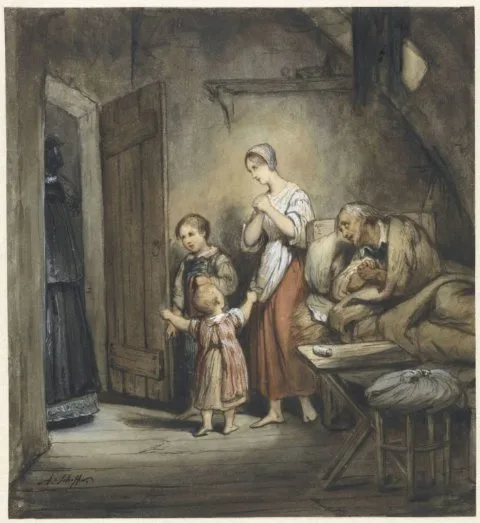 Ary Scheffer, Zieke man in bed met naast hem een vrouw en twee kinderen