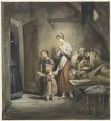 Ary Scheffer, Zieke man in bed met naast hem een vrouw en twee kinderen