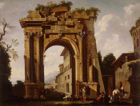 Niccolò Codazzi, Architectural Capriccio with the Arch of Titus and the Figures of Travellers