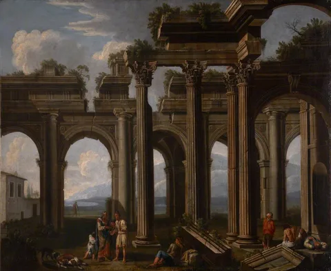 Niccolò Codazzi, Classical Ruins of a Doric Arcade and Corinthian Colonnade with Lazzaroni and a Fortune-teller