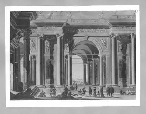 Niccolò Codazzi, Palast architektur mit Figuren, Durchblick aufs Meer