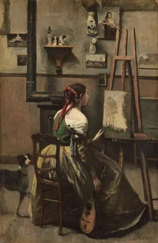 Jean-Baptiste Corot, Corot's Studio: Woman Seated Before an Easel, a Mandolin in her Hand