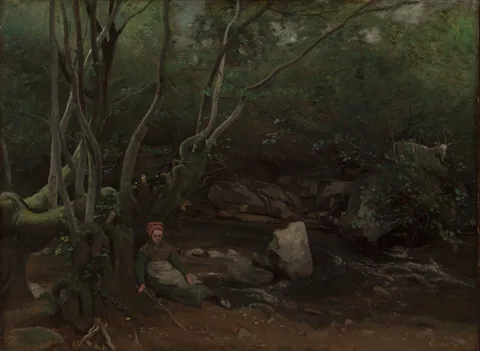 Jean-Baptiste Corot, Lormes:  Goat-Girl Sitting Beside a Stream in a Forest