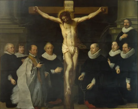 Gaspar de Crayer, Christ on the cross surrounded by a priest, possibly Jan Mijtens, and provosts of the Grote Begijnhof in Brussel