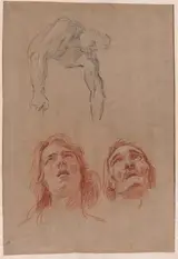 Jean Jouvenet, Man Reaching Down and Two Studies of Heads (recto)