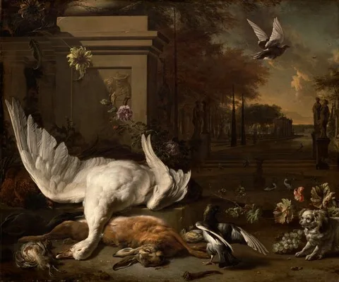 Jan Weenix, Still Life with Goose and Game before a Country Estate