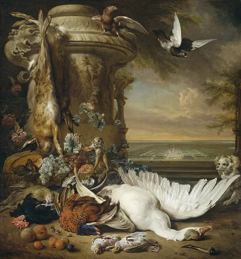 Jan Weenix, Still Life with Dead Game and Fruit beside a Garden Vase, with a Monkey, a Dog and Two Pigeons; in the Background Rijksdorp near Wassenaar, the Estate of Jonkheer Jacob Emmery, Baron of Wassenaar