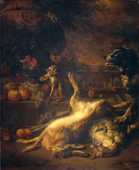 Jan Weenix, A monkey and a dog beside dead game and fruit