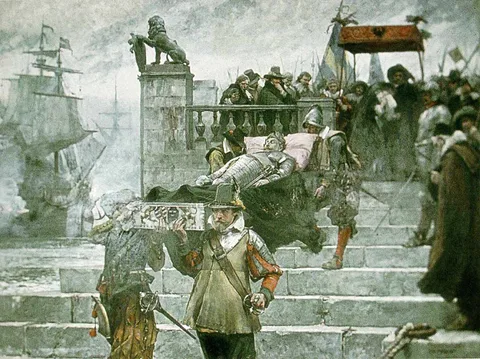 Carl Gustaf Hellqvist, Embarkation of the body of Gustavus II Adolphus at the Port of Wolgast 1633