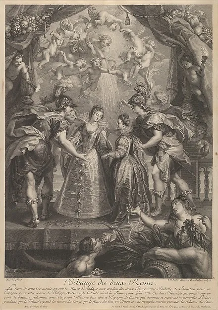 Benoît Audran the Elder, Plate 17: The exchange of the two princesses in Hendaye; allegorical scene with Anne of Austria and Elizabeth of Bourbon standing on a bridge holding hands, from "Recueil de la Galerie du Luxembourg"