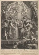 Benoît Audran the Elder, Plate 17: The exchange of the two princesses in Hendaye; allegorical scene with Anne of Austria and Elizabeth of Bourbon standing on a bridge holding hands, from "Recueil de la Galerie du Luxembourg"