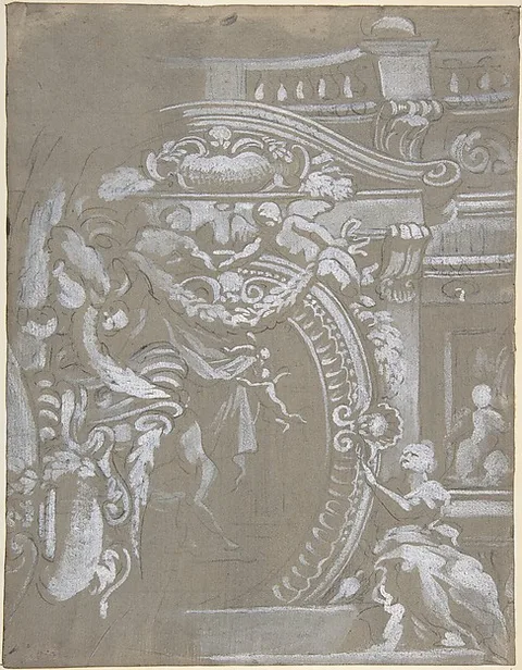 Gregorio De Ferrari, Ornamental Design for a Wall Monument Surmounted by a Balustrade with Human Figures, Angels Holding Garlands and Draperies (recto and verso)