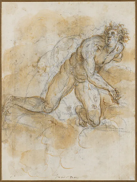 Francesco Maffei, Studies of a kneeling man (recto); Study of a standing man at right, and small scene of a kneeling figure in an interior, probably the Virgin in the Annunciation (verso)