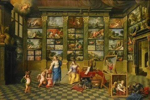 Gaspar de Witte, The Allegorical Female Figures Nature and Pictura in an Art Collection, with Representative Antwerp Canvasses