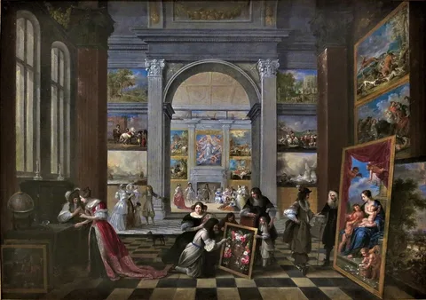 Gaspar de Witte, Interior of an Art Collector's Cabinet with Many Visitors