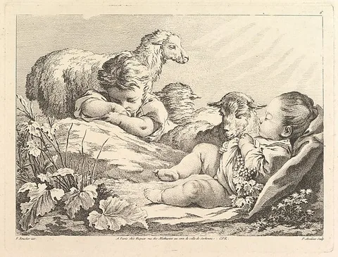 Pierre-Alexandre Aveline, Two Sleeping Children With Three Sheep
