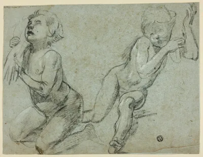 Alessandro Casolani, Sketches of Two Putti, One Holding Hand of Dead Christ (recto); Torso and Legs of Kneeling Figure (verso)