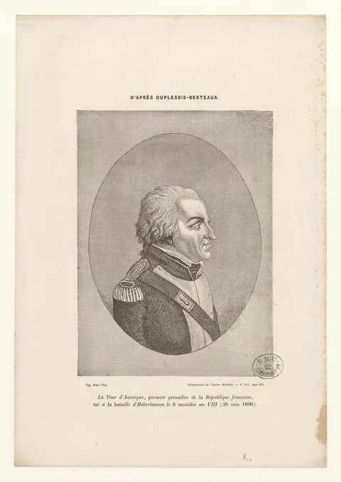 Jean Duplessis-Bertaux, La Tour d'Auvergne, premier grenadier de la République française, tué à la bataille d'Hoberhausen le 8 messidor an VIII (28 juin 1800) ; d'après Duplessis-Bertaux BOYER 1326