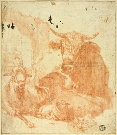 Jan Roos, Cow, Goat, Sheep Lying Down in Ruins