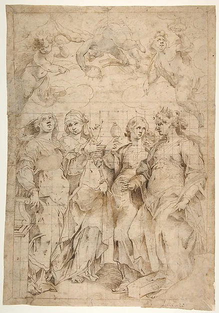 Panfilo Nuvolone, Saint Cecilia, Saint Mary Magdalen, Saint Catherine of Alexandria, and Saint  Agnes, Angels with Palm Branches and Crowns Above (recto); Sketches of Three Standing Figures and Arithmetic Calculations (verso)