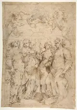 Panfilo Nuvolone, Saint Cecilia, Saint Mary Magdalen, Saint Catherine of Alexandria, and Saint  Agnes, Angels with Palm Branches and Crowns Above (recto); Sketches of Three Standing Figures and Arithmetic Calculations (verso)