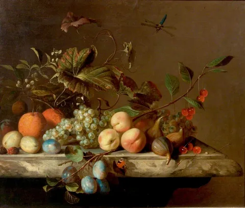 Barend van der Meer, Fruit Piece with Dragonfly