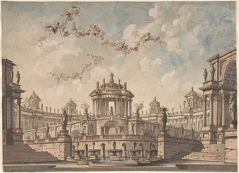 Antonio Basoli, Design for a Stage Set: Semi-Circular Colonnaded Building, a Bridge Surmounted by a Tempietto, a Fountain in the Foreground and Putti Bearing Garlands.